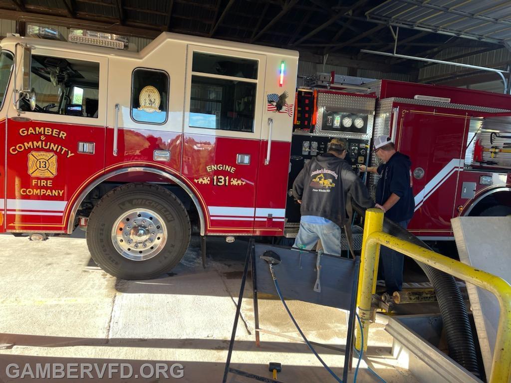 Engine 131 undergoing its annual pump test and inspection at the Carroll County Public Safety Training Center. Chief Engineer Chuck Doyle (white hat) runs the pump. Photo by Bo Stansbury