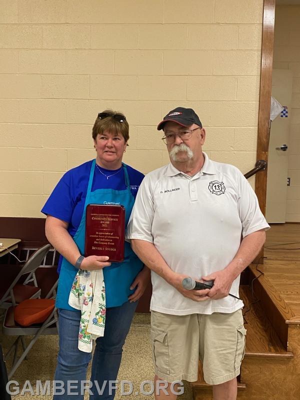 A special Community Service Award was presented to Beverly Snyder by President Dale Bollinger.
